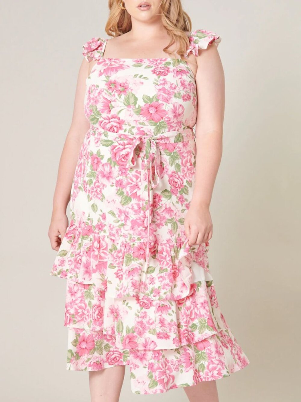 Sugarlips Truth Be Told Guayana Ruffle Tiered Midi Dress Curve - Pink/Green